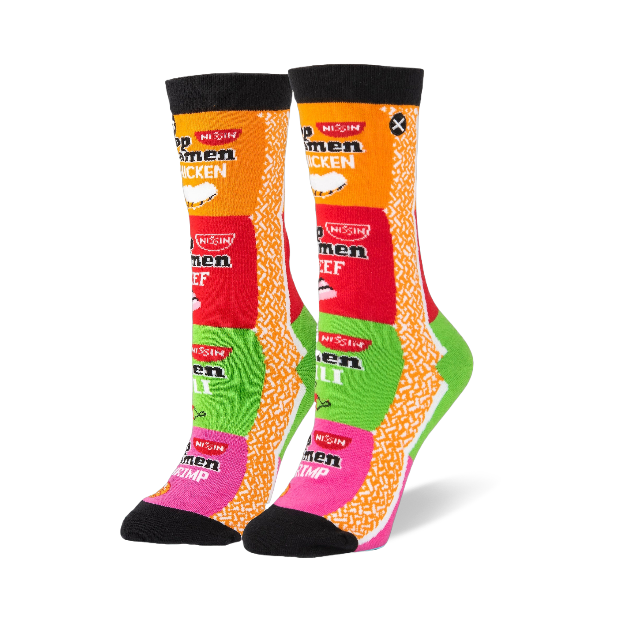 Black-cuffed crew socks showing stacked Chicken, Beef, Chili, and Shrimp Top Ramen packages next to a dry noodle pattern.