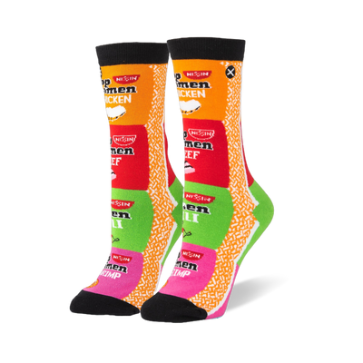 Black-cuffed crew socks showing stacked Chicken, Beef, Chili, and Shrimp Top Ramen packages next to a dry noodle pattern.