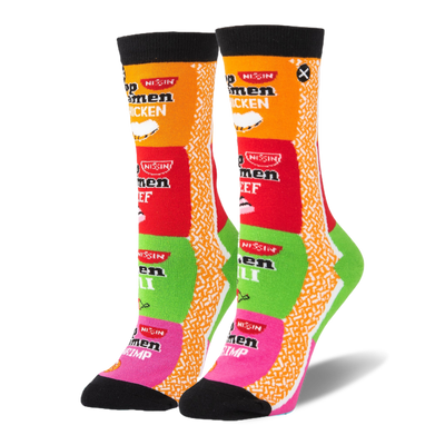 Black-cuffed crew socks showing stacked Chicken, Beef, Chili, and Shrimp Top Ramen packages next to a dry noodle pattern.