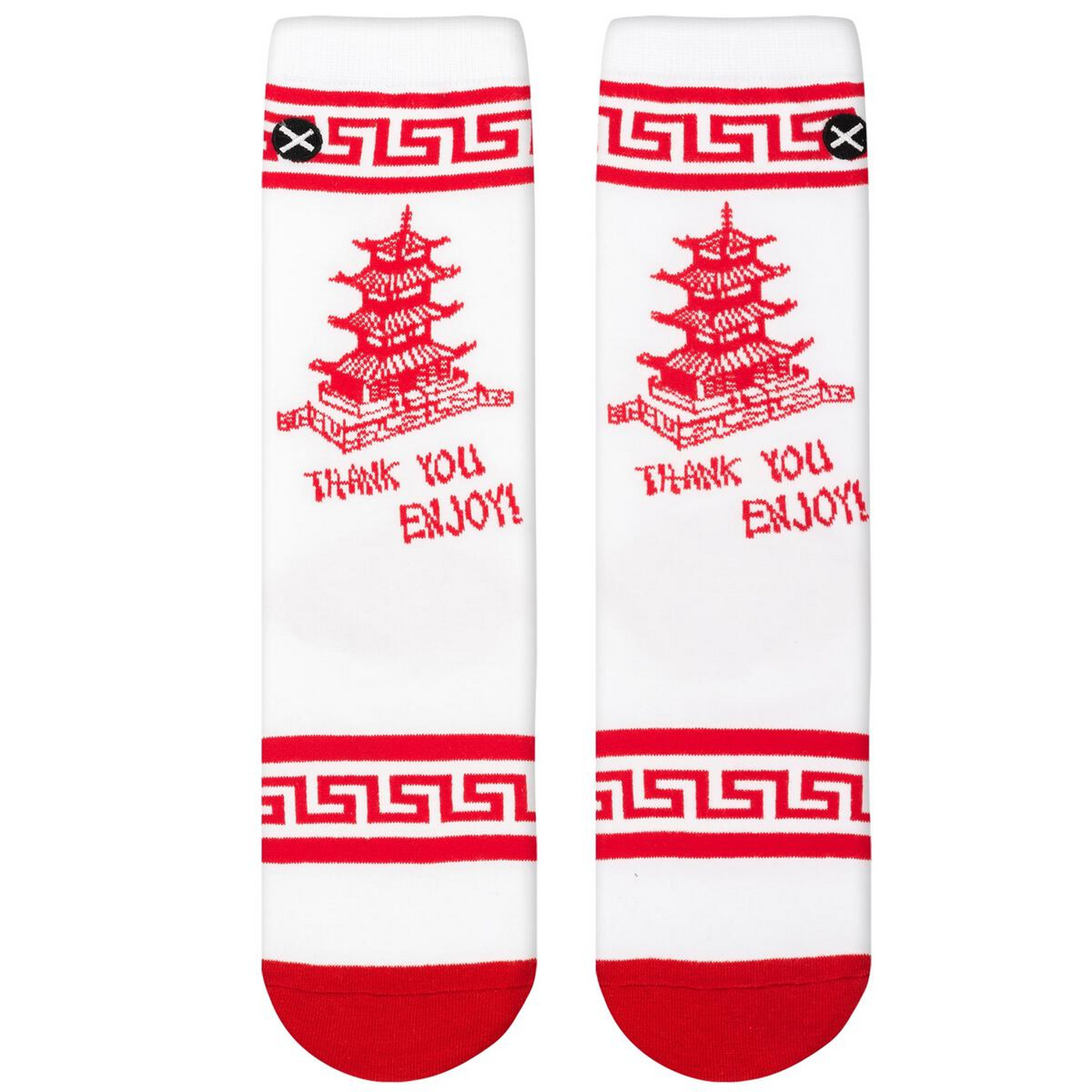 Close-up showing the detail of the 'Thank You, Enjoy!' socks' design and texture.