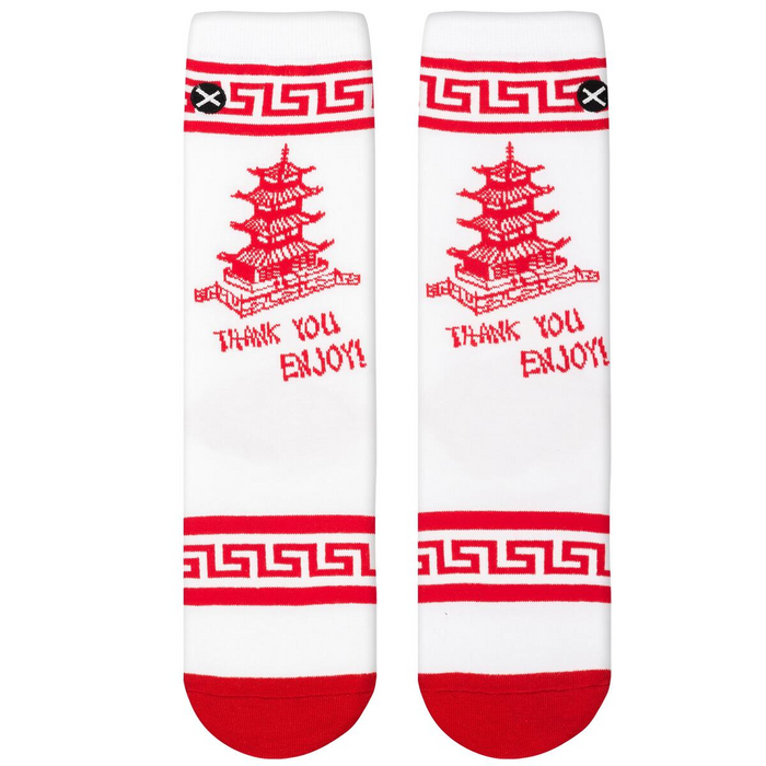 Flat lay of two white crew socks with red pagoda graphic, 'Thank You Enjoy!' text, and geometric red cuff.
