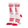 White crew socks with red accents.  Design includes a red Chinese takeout box graphic, 'Thank You Enjoy!' text, and a Greek key border.