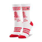 White crew socks with red accents.  Design includes a red Chinese takeout box graphic, 'Thank You Enjoy!' text, and a Greek key border.