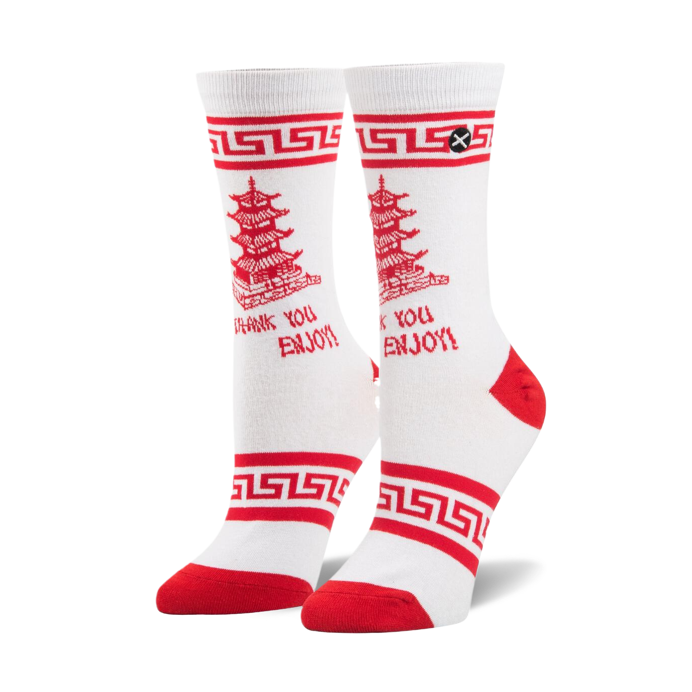 White crew socks with red accents.  Design includes a red Chinese takeout box graphic, 'Thank You Enjoy!' text, and a Greek key border.