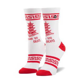 White crew socks with red accents.  Design includes a red Chinese takeout box graphic, 'Thank You Enjoy!' text, and a Greek key border.