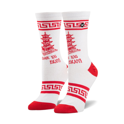 Pair of white crew socks with red toes/heels. Shows a red pagoda building and 'Thank You Enjoy!' text. Red cuff pattern visible.