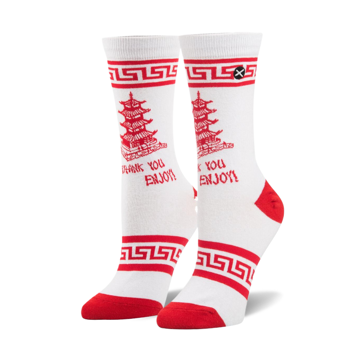 Pair of white crew socks with red toes/heels. Shows a red pagoda building and 'Thank You Enjoy!' text. Red cuff pattern visible.