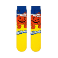 Flat front view of Kool-Aid crew socks with a blue cuff, smiling red pitcher, yellow foot, and the Oh Yeah catchphrase.