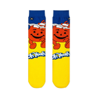 Flat front view of Kool-Aid crew socks with a blue cuff, smiling red pitcher, yellow foot, and the Oh Yeah catchphrase.