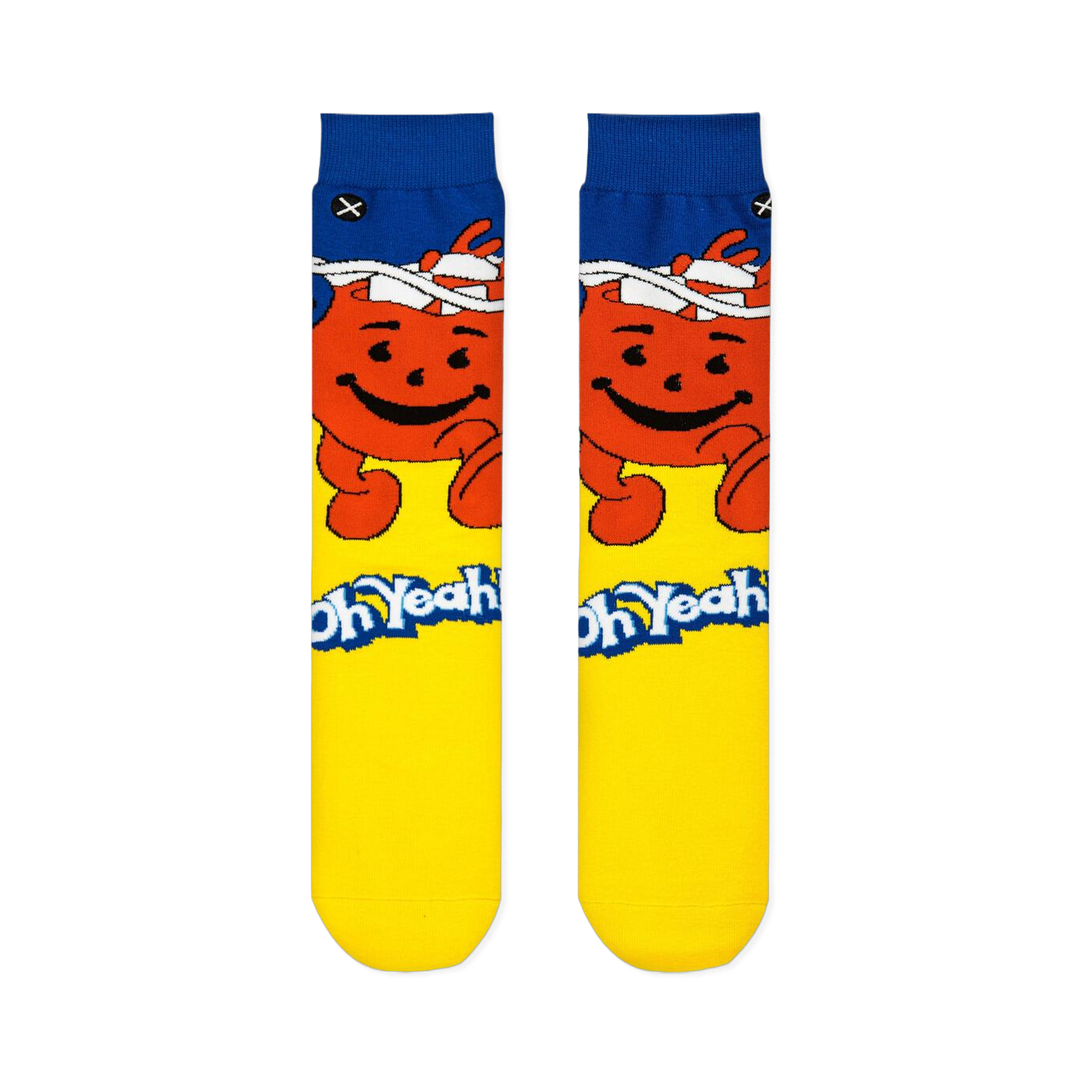 Flat front view of Kool-Aid crew socks with a blue cuff, smiling red pitcher, yellow foot, and the Oh Yeah catchphrase.