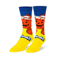 Bright crew socks featuring the red Kool-Aid Man smiling below a blue cuff, with a yellow foot and the words Oh Yeah!