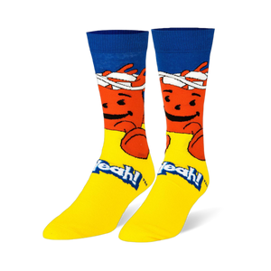 Bright crew socks featuring the red Kool-Aid Man smiling below a blue cuff, with a yellow foot and the words Oh Yeah!