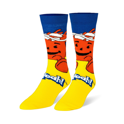 Bright crew socks featuring the red Kool-Aid Man smiling below a blue cuff, with a yellow foot and the words Oh Yeah!