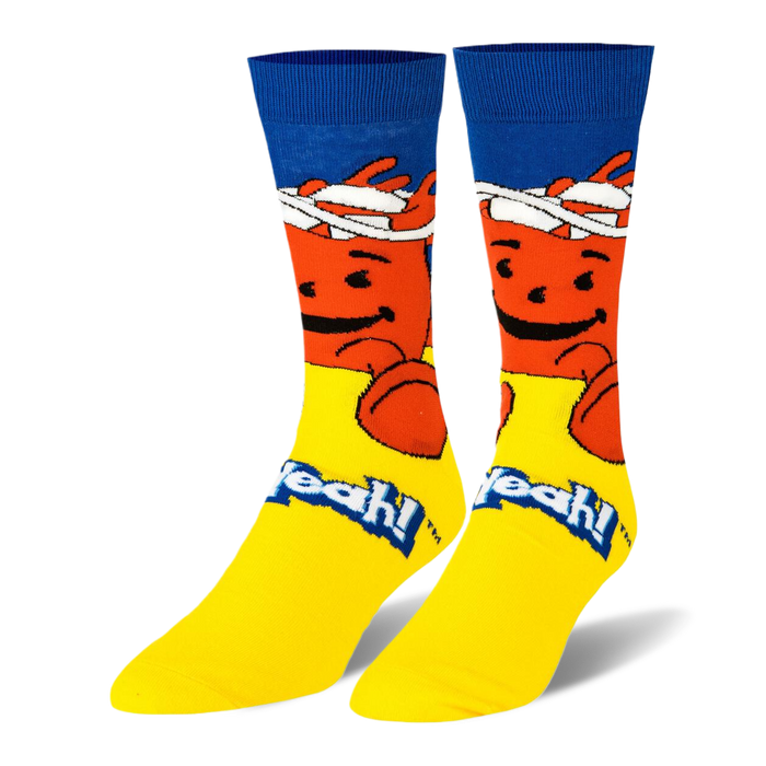 Bright crew socks featuring the red Kool-Aid Man smiling below a blue cuff, with a yellow foot and the words Oh Yeah!