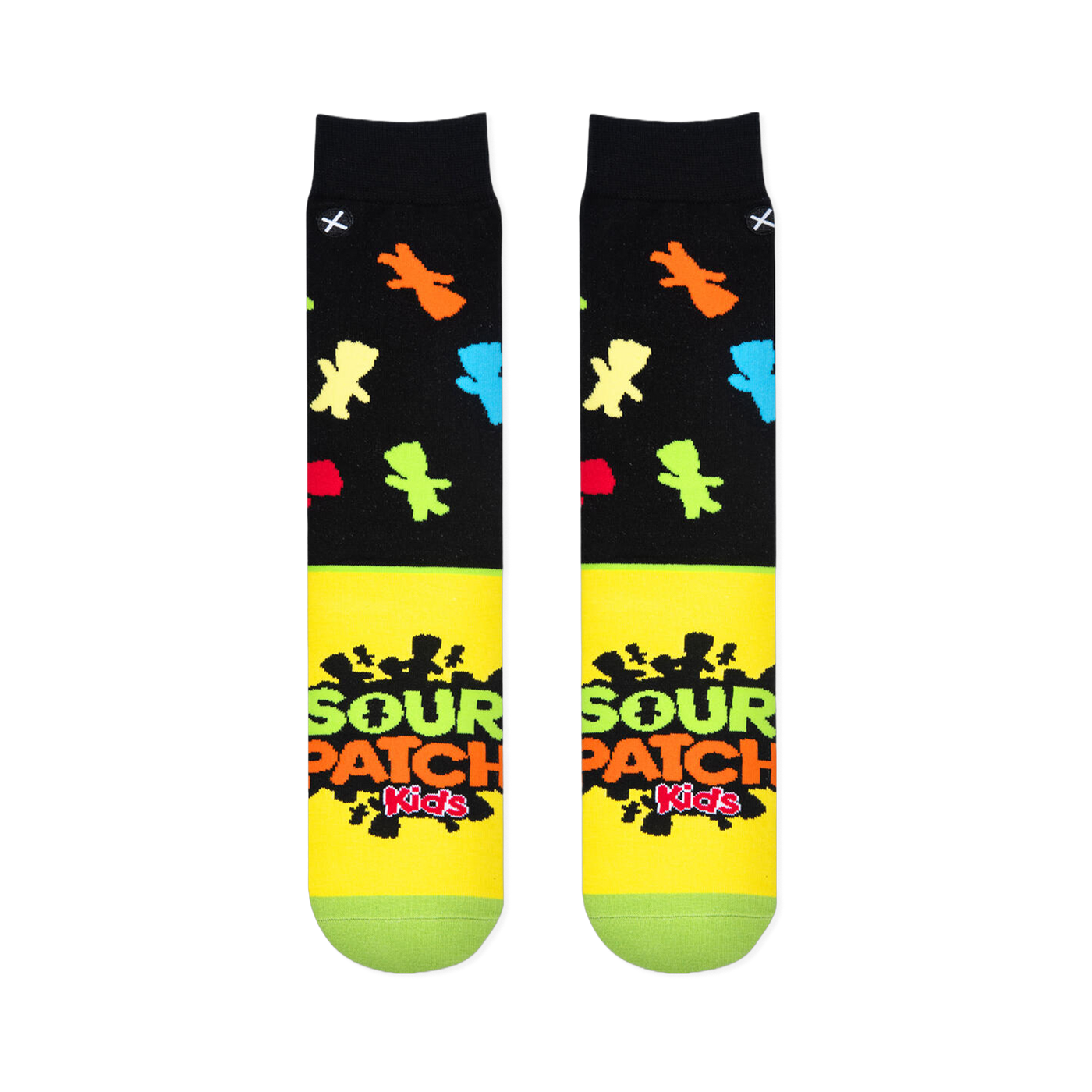 Flat lay of two socks showing the black top with colorful candy shapes and the bright yellow foot with the Sour Patch logo.