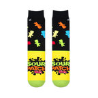 Flat lay of two socks showing the black top with colorful candy shapes and the bright yellow foot with the Sour Patch logo.