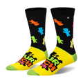 Crew socks with a black top featuring neon candy silhouettes, a yellow foot with the Sour Patch Kids logo, and green toes.