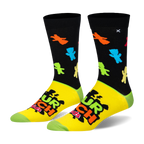 Crew socks with a black top featuring neon candy silhouettes, a yellow foot with the Sour Patch Kids logo, and green toes.