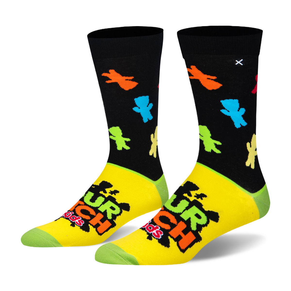 Crew socks with a black top featuring neon candy silhouettes, a yellow foot with the Sour Patch Kids logo, and green toes.