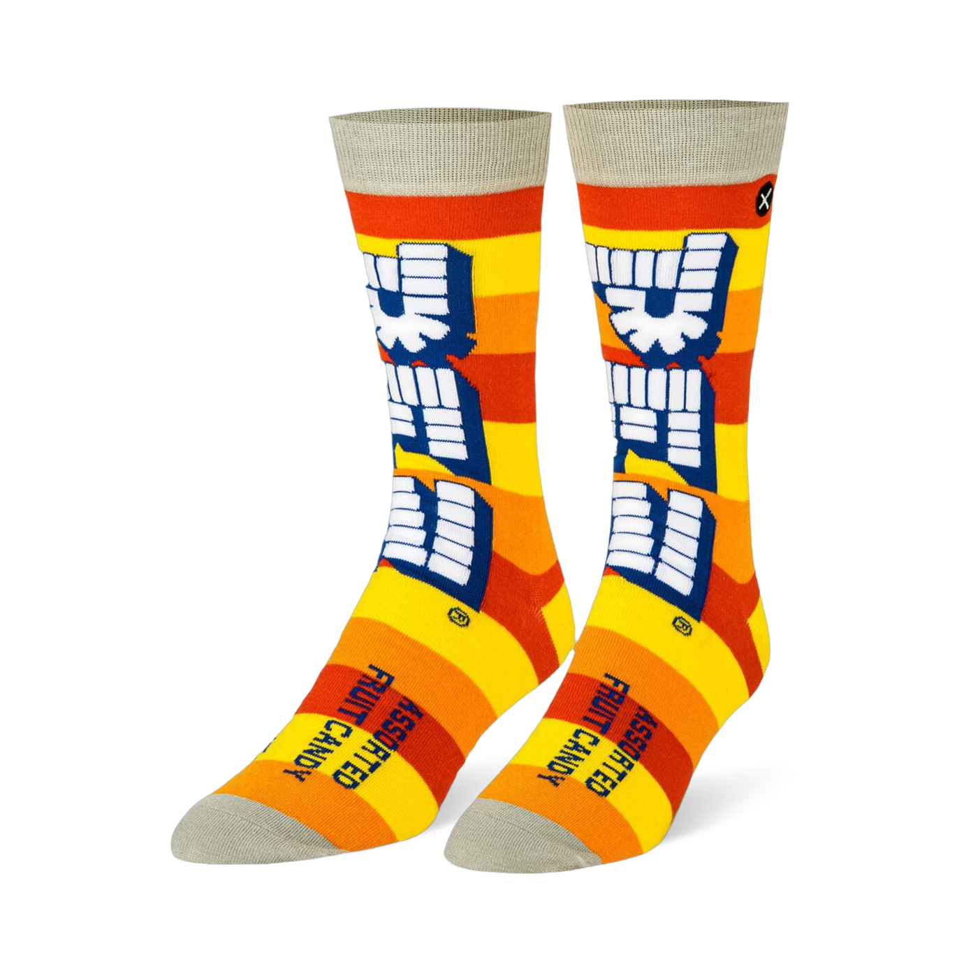 Crew socks with yellow and orange stripes, a large vertical white Pez logo, and light grey details on the toe and cuff.