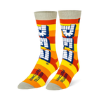 Crew socks with yellow and orange stripes, a large vertical white Pez logo, and light grey details on the toe and cuff.