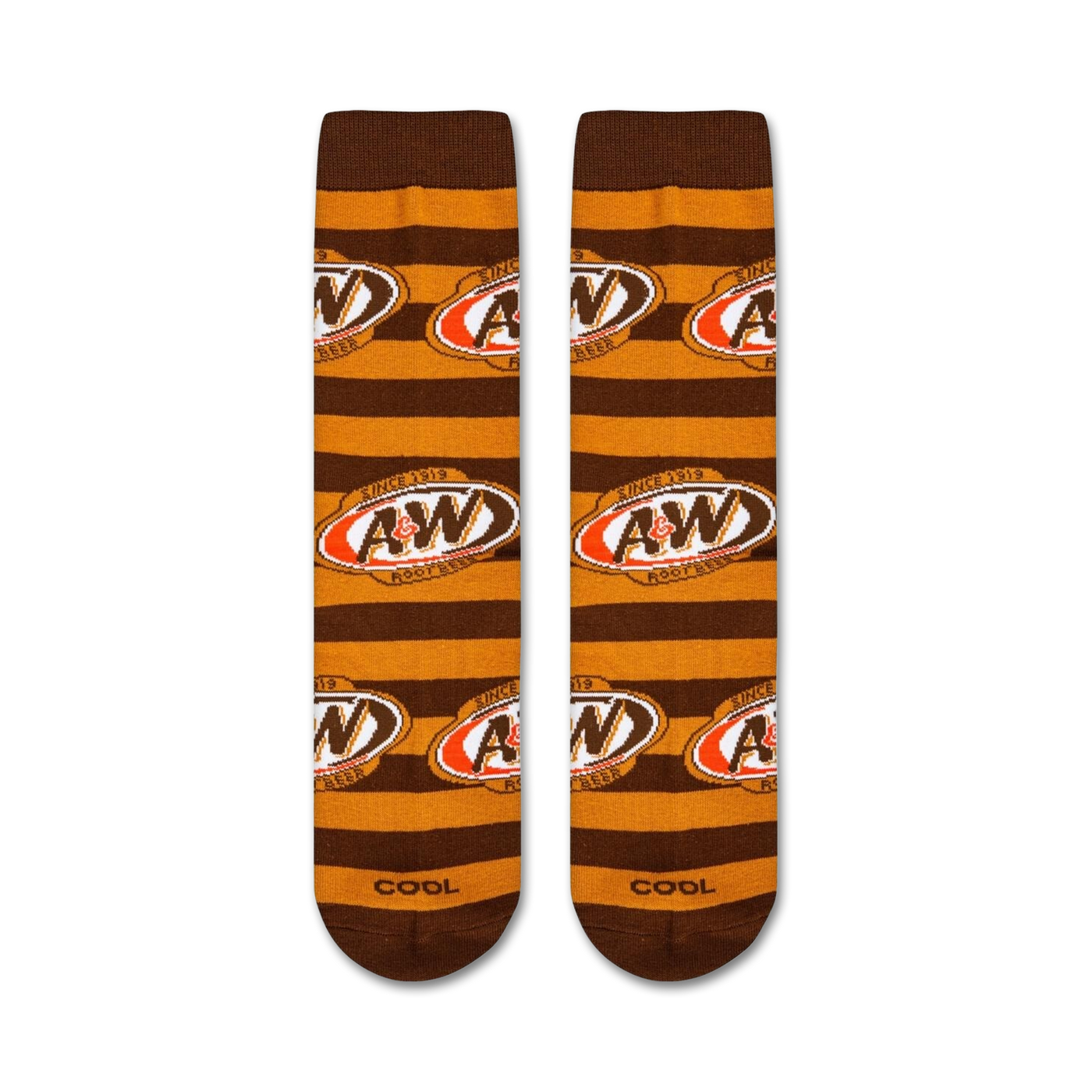 Flatlay product shot of A&W striped socks showing the full design.
