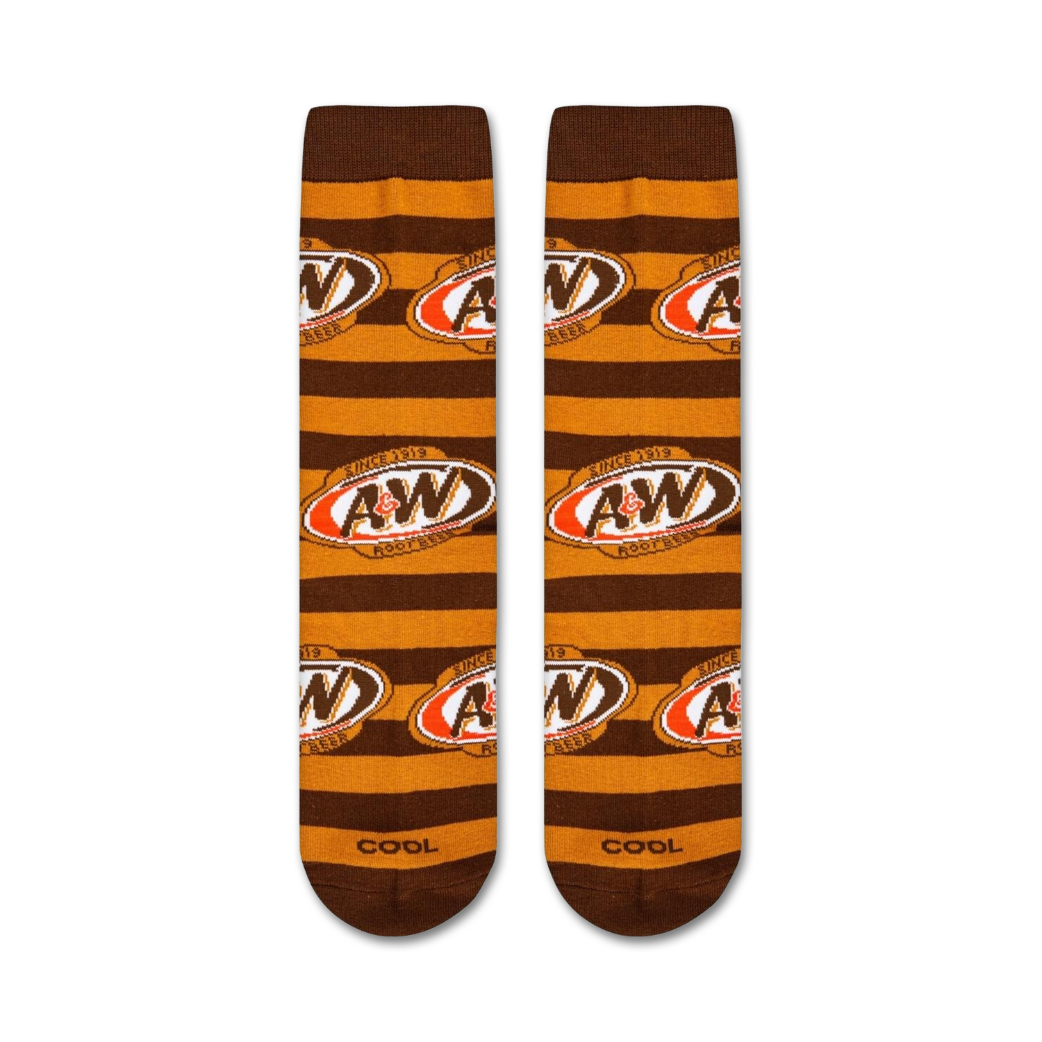 Flatlay product shot of A&W striped socks showing the full design.