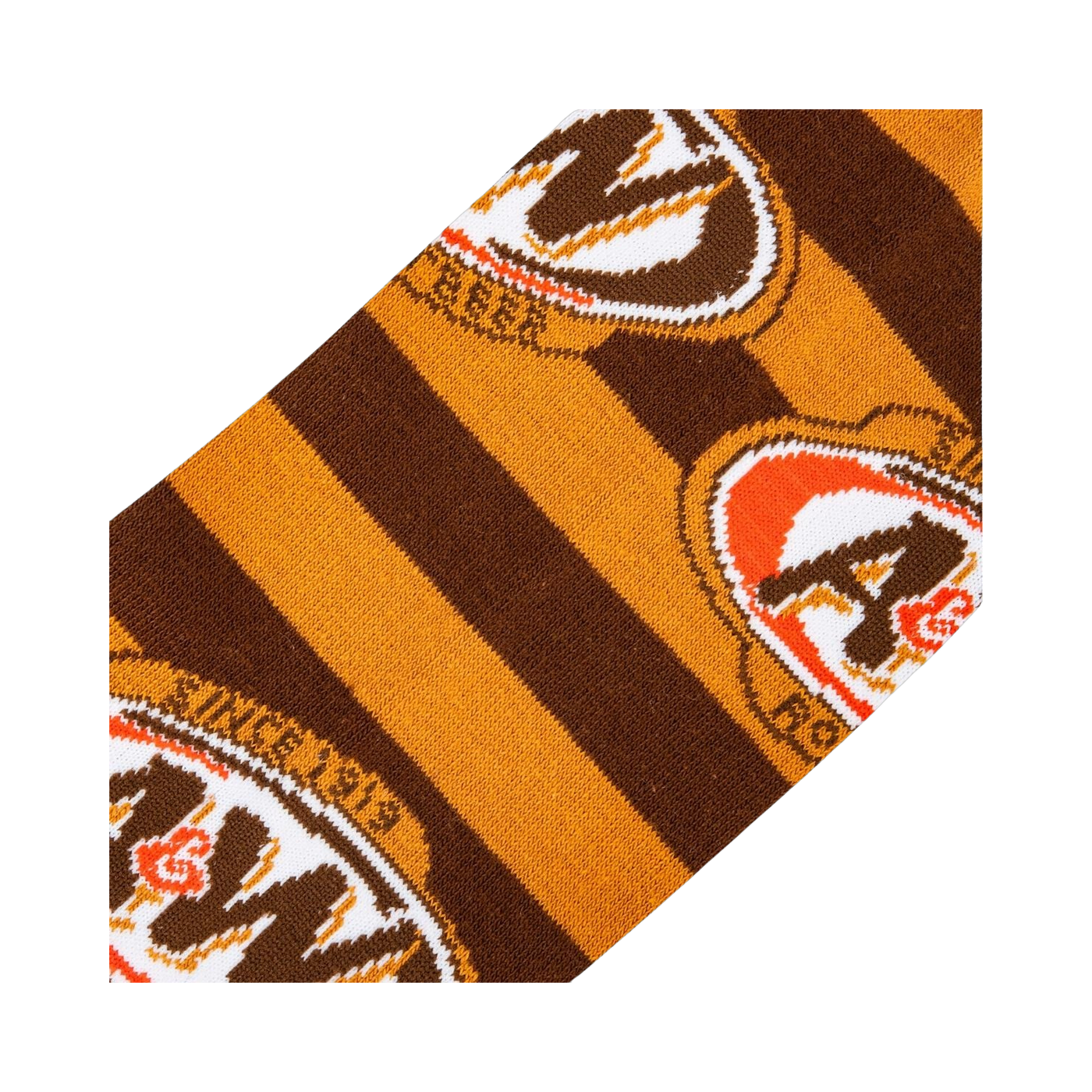 Close-up detail shot highlighting the A&W logo and striped knit texture of the socks.