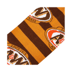 Close-up detail shot highlighting the A&W logo and striped knit texture of the socks.
