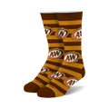 Pair of A&W Root Beer crew socks in brown and gold.  The socks feature horizontal stripes and repeating A&W logos.