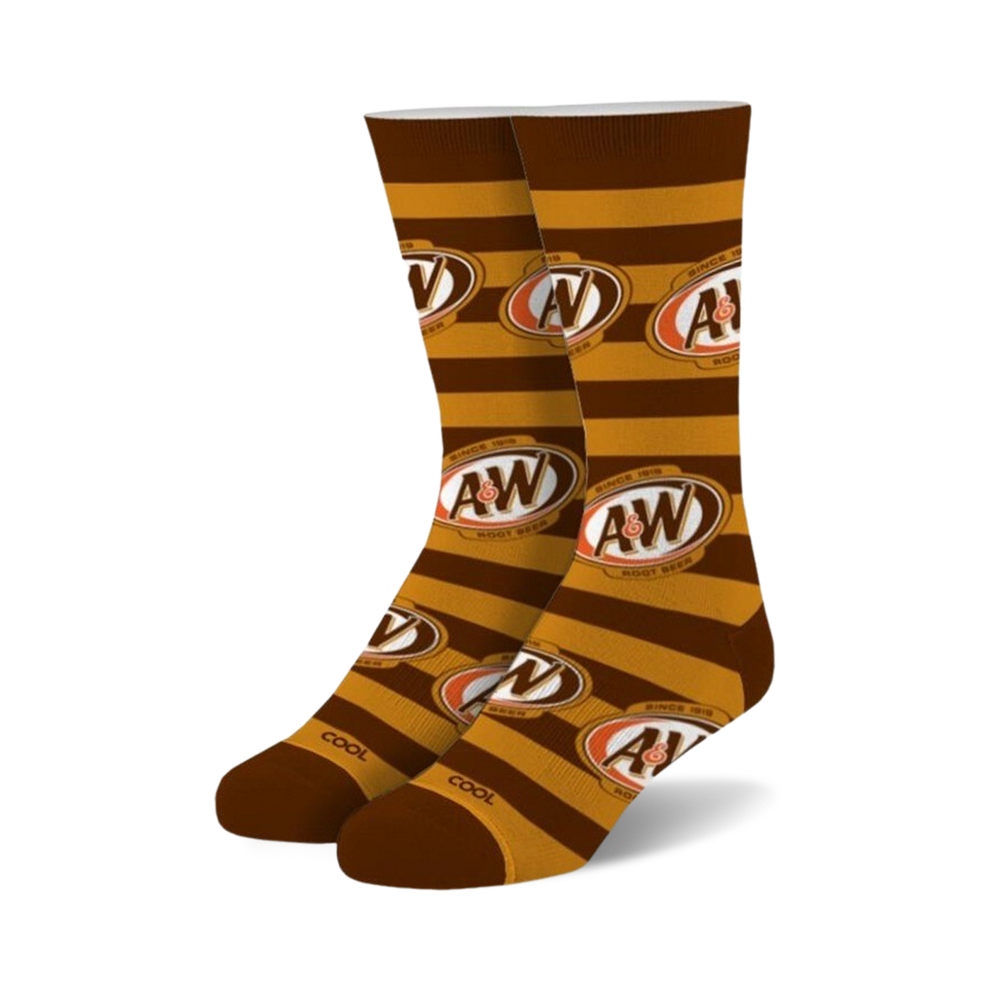 Pair of A&W Root Beer crew socks in brown and gold.  The socks feature horizontal stripes and repeating A&W logos.