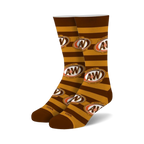 Pair of A&W Root Beer crew socks in brown and gold.  The socks feature horizontal stripes and repeating A&W logos.