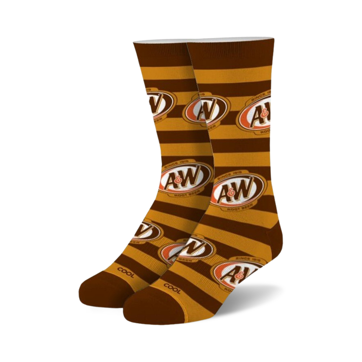 Pair of A&W Root Beer crew socks in brown and gold.  The socks feature horizontal stripes and repeating A&W logos.