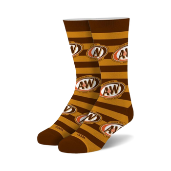 orange and yellow a&w logo printed brown ankle cuff top novelty crew athletic sports sock shoes for men and women. 