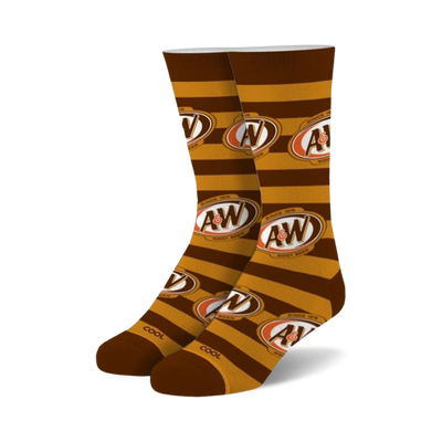 orange and yellow a&w logo printed brown ankle cuff top novelty crew athletic sports sock shoes for men and women. 