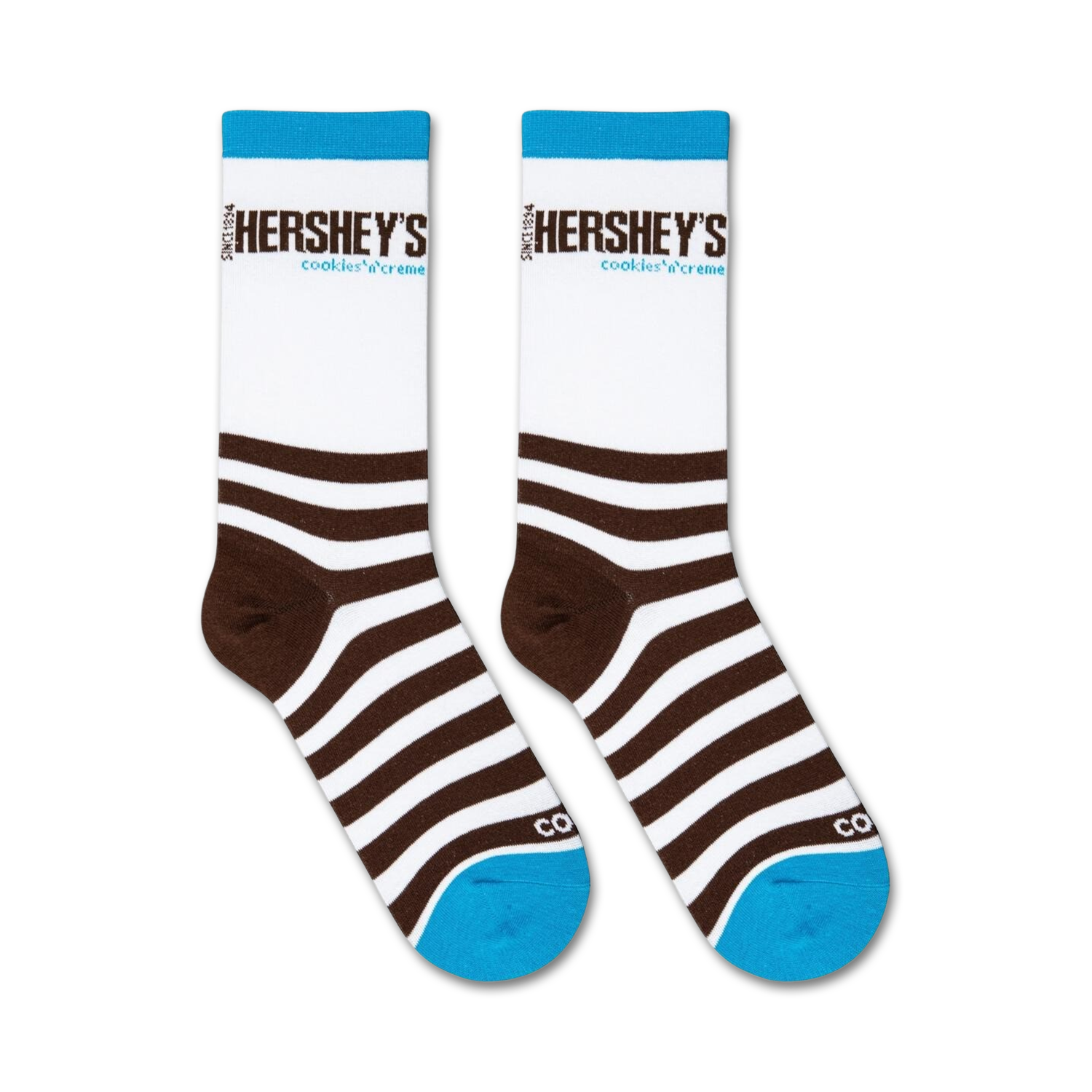 Flatlay showcasing a pair of Hershey's Cookies & Creme socks. The image highlights the sock's design and color scheme.