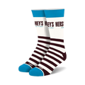 Pair of crew socks; white, brown, and teal.  Features Hershey's Cookies & Creme branding and chocolate-inspired stripes.