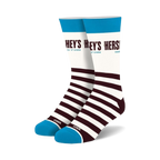 Pair of crew socks; white, brown, and teal.  Features Hershey's Cookies & Creme branding and chocolate-inspired stripes.