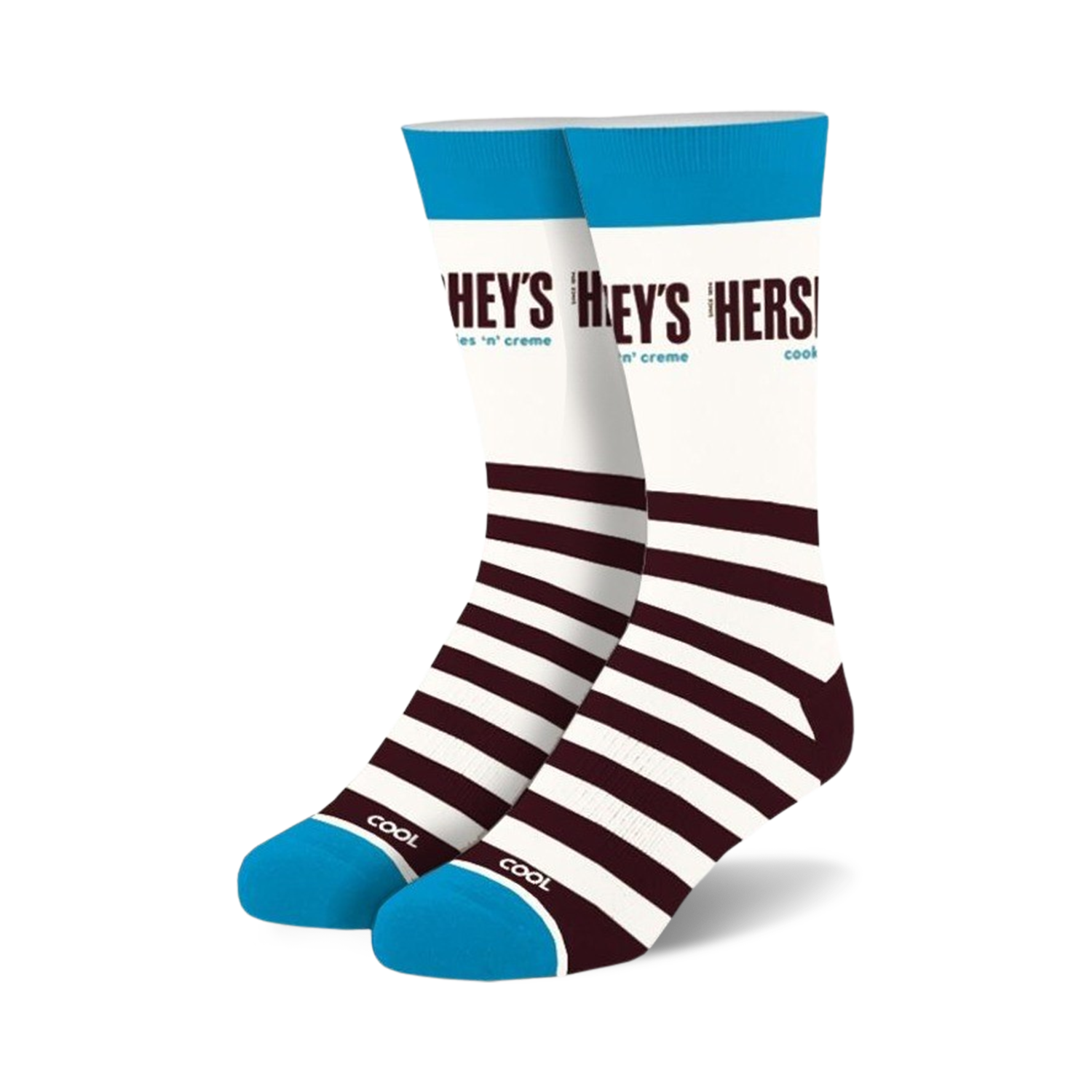 Pair of crew socks; white, brown, and teal.  Features Hershey's Cookies & Creme branding and chocolate-inspired stripes.