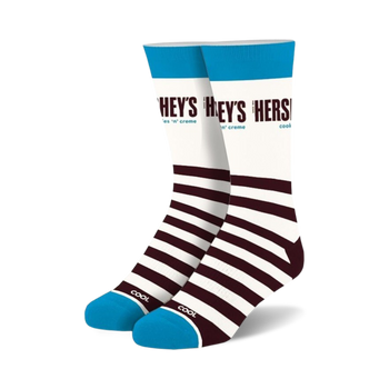 mens, womens, brown and white striped, blue top, hershey's cookies & creme novelty crew-length, comfy.  