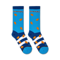 A close-up studio shot of two pairs of Almond Joy socks against a light blue background.