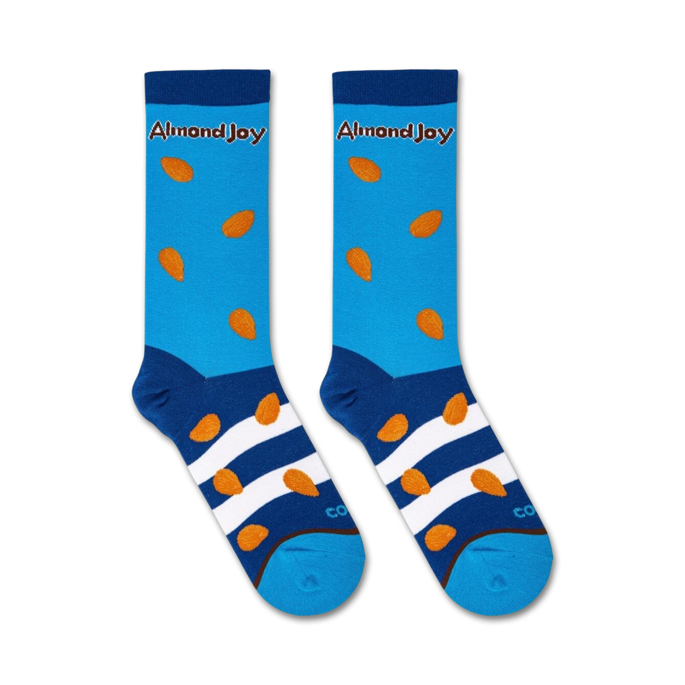 A close-up studio shot of two pairs of Almond Joy socks against a light blue background.