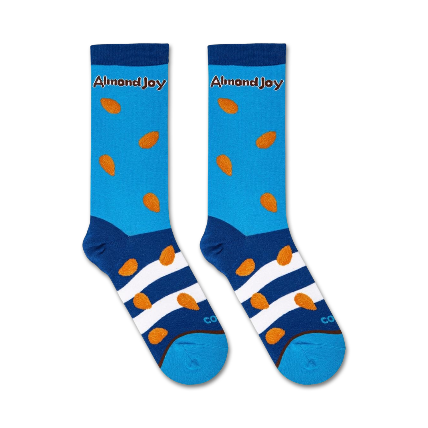 A close-up studio shot of two pairs of Almond Joy socks against a light blue background.