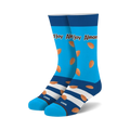 A pair of crew socks in bright blue with scattered almond images and a chocolate-striped cuff. The text 'Almond Joy' is visible.