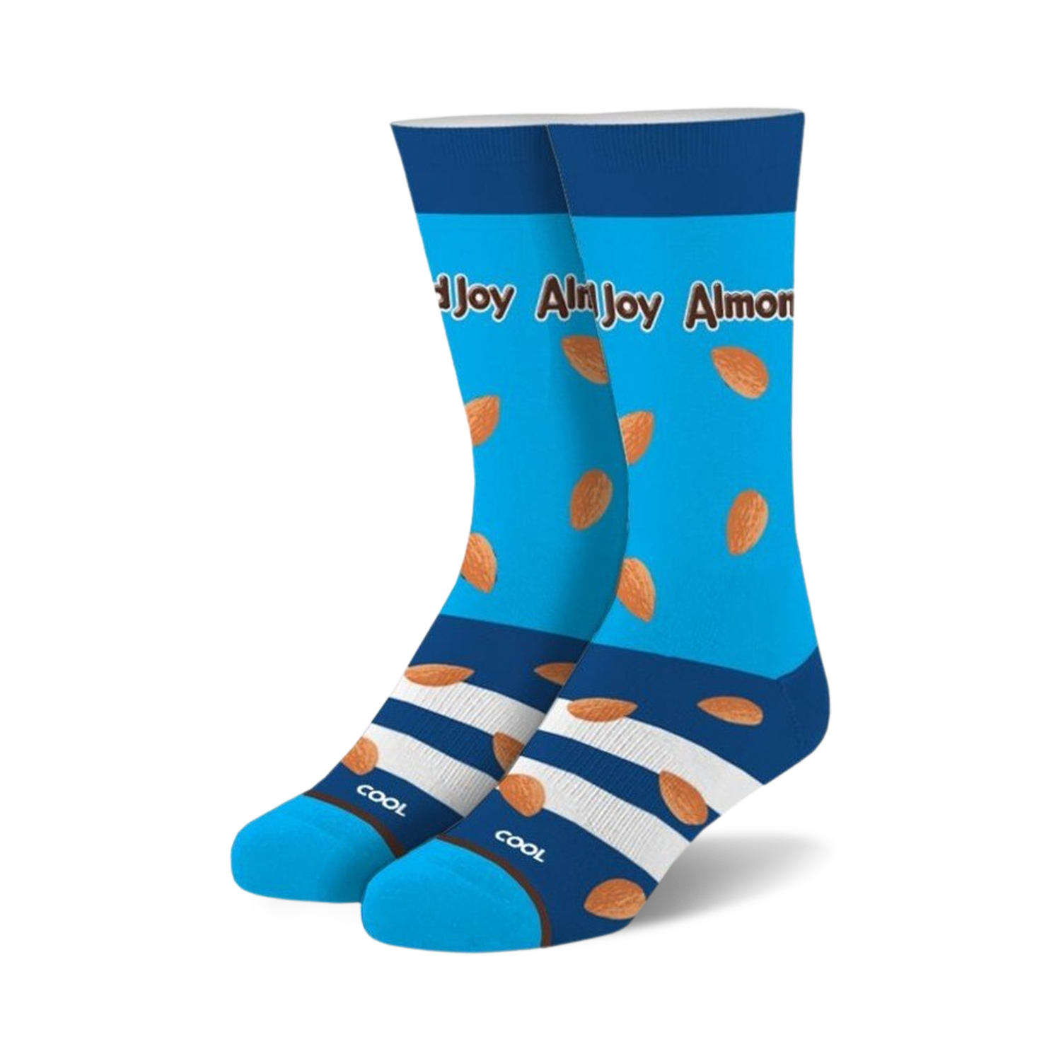 A pair of crew socks in bright blue with scattered almond images and a chocolate-striped cuff. The text 'Almond Joy' is visible.
