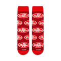 Flatlay image showing two Dr Pepper socks laid flat, showcasing the full design and pattern.