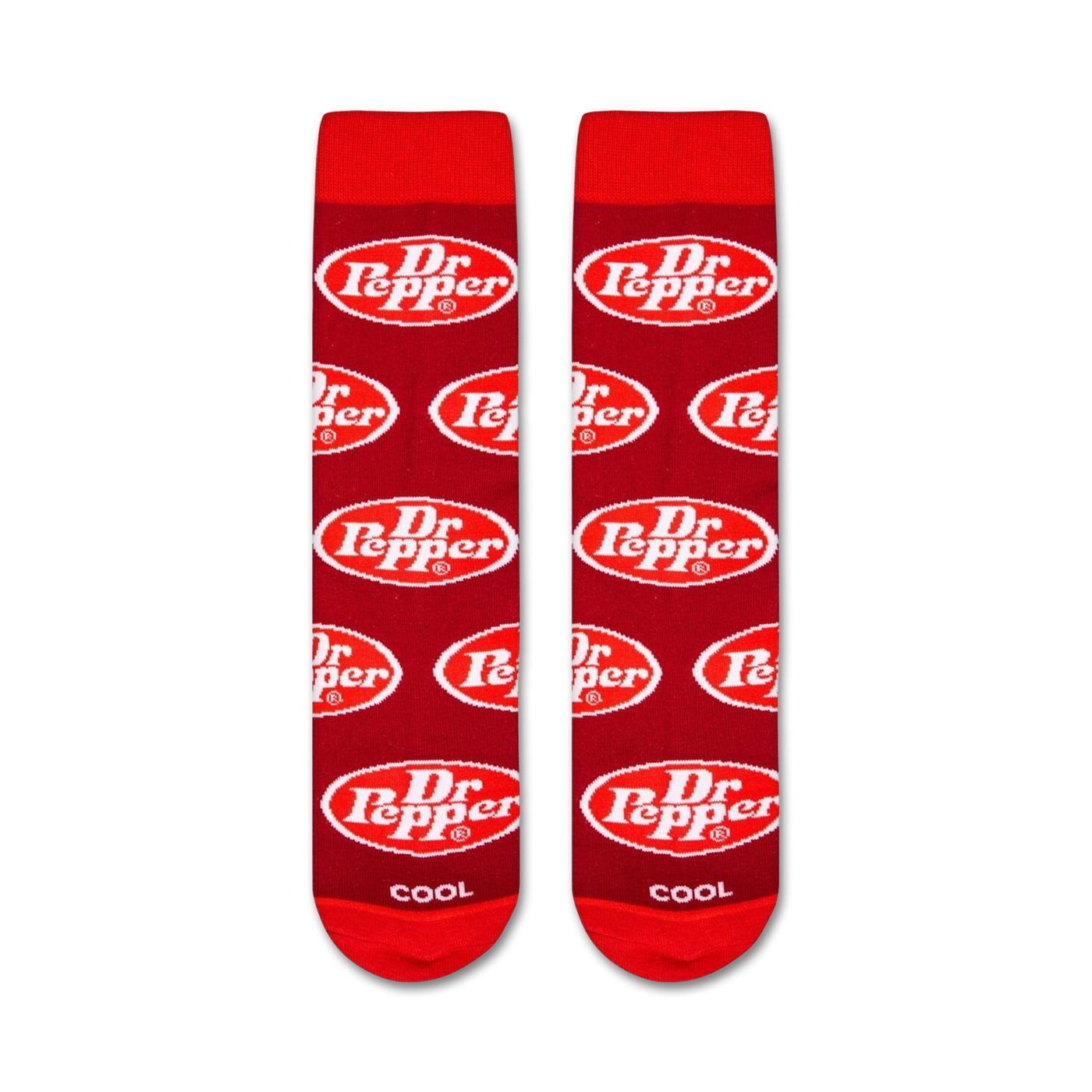Flatlay image showing two Dr Pepper socks laid flat, showcasing the full design and pattern.