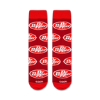 Flatlay image showing two Dr Pepper socks laid flat, showcasing the full design and pattern.