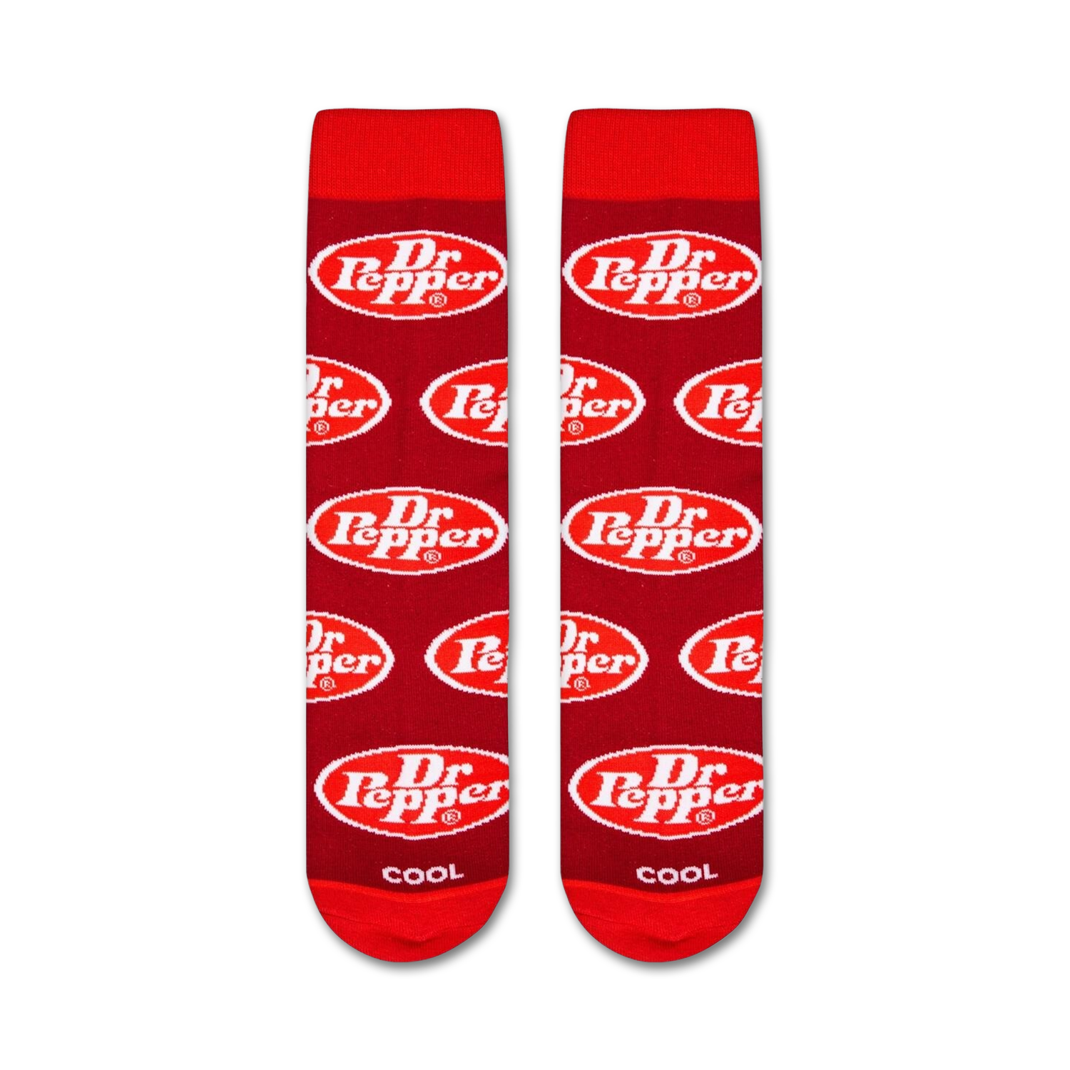 Flatlay image showing two Dr Pepper socks laid flat, showcasing the full design and pattern.