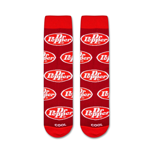 Flatlay image showing two Dr Pepper socks laid flat, showcasing the full design and pattern.
